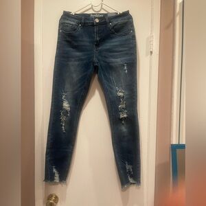 Reflex Blue Ankle Cropped Jeans with Distressed Details